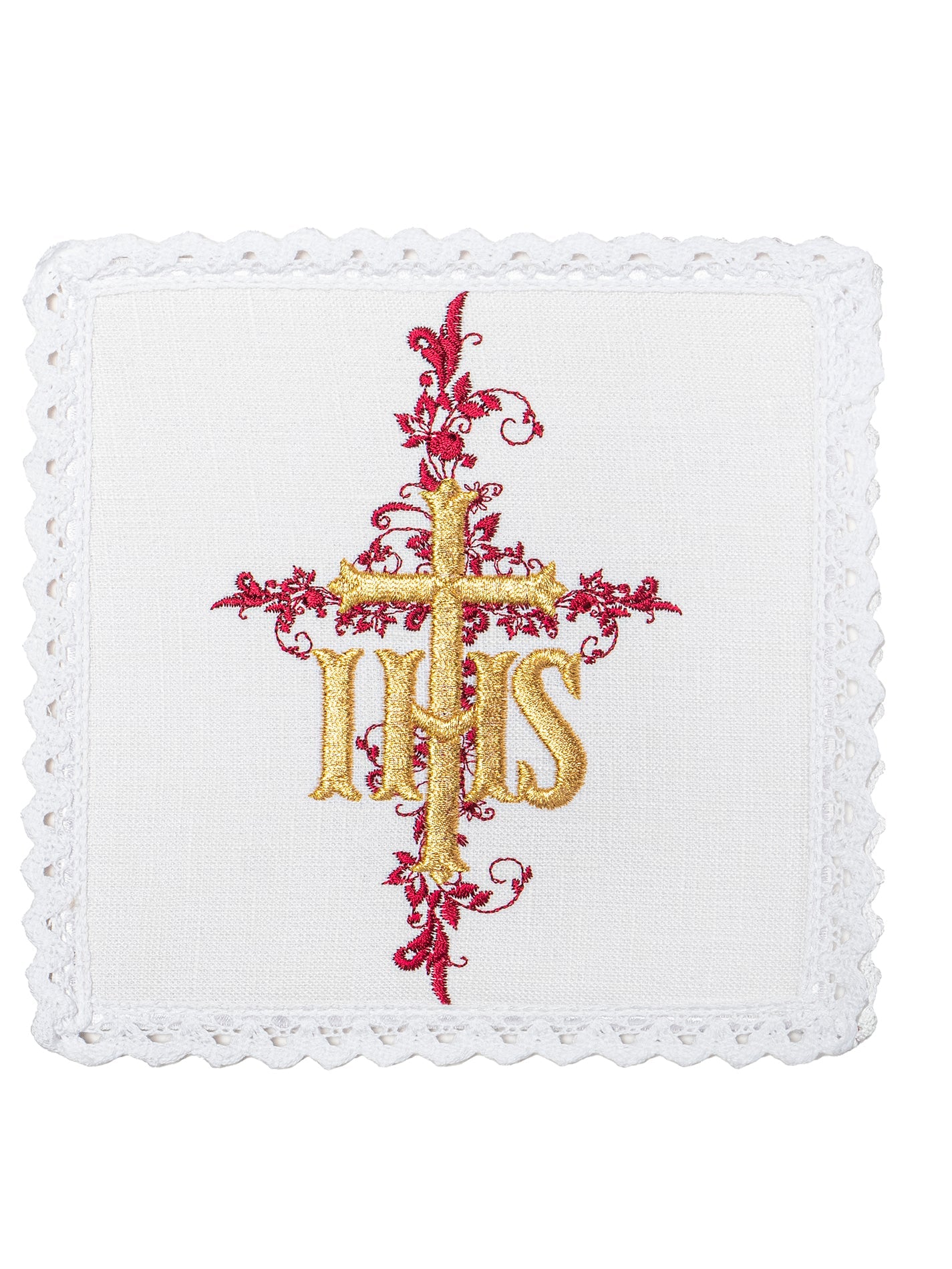 Liturgijsko rublje za kalež laneno vezeno IHS crveno
