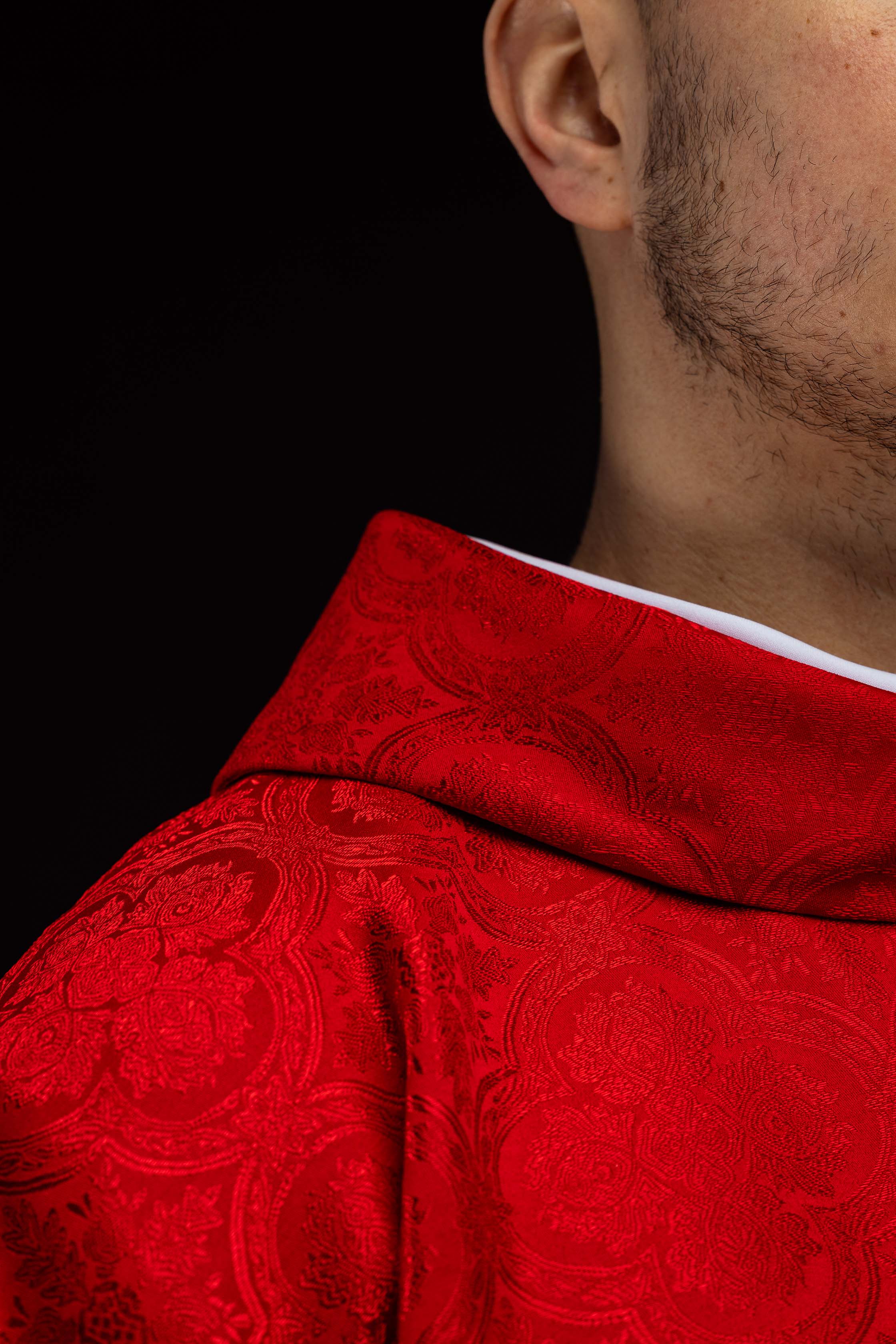 Czerwony ornat z krzyżem tkanina żakardowa - ORNATY.PL