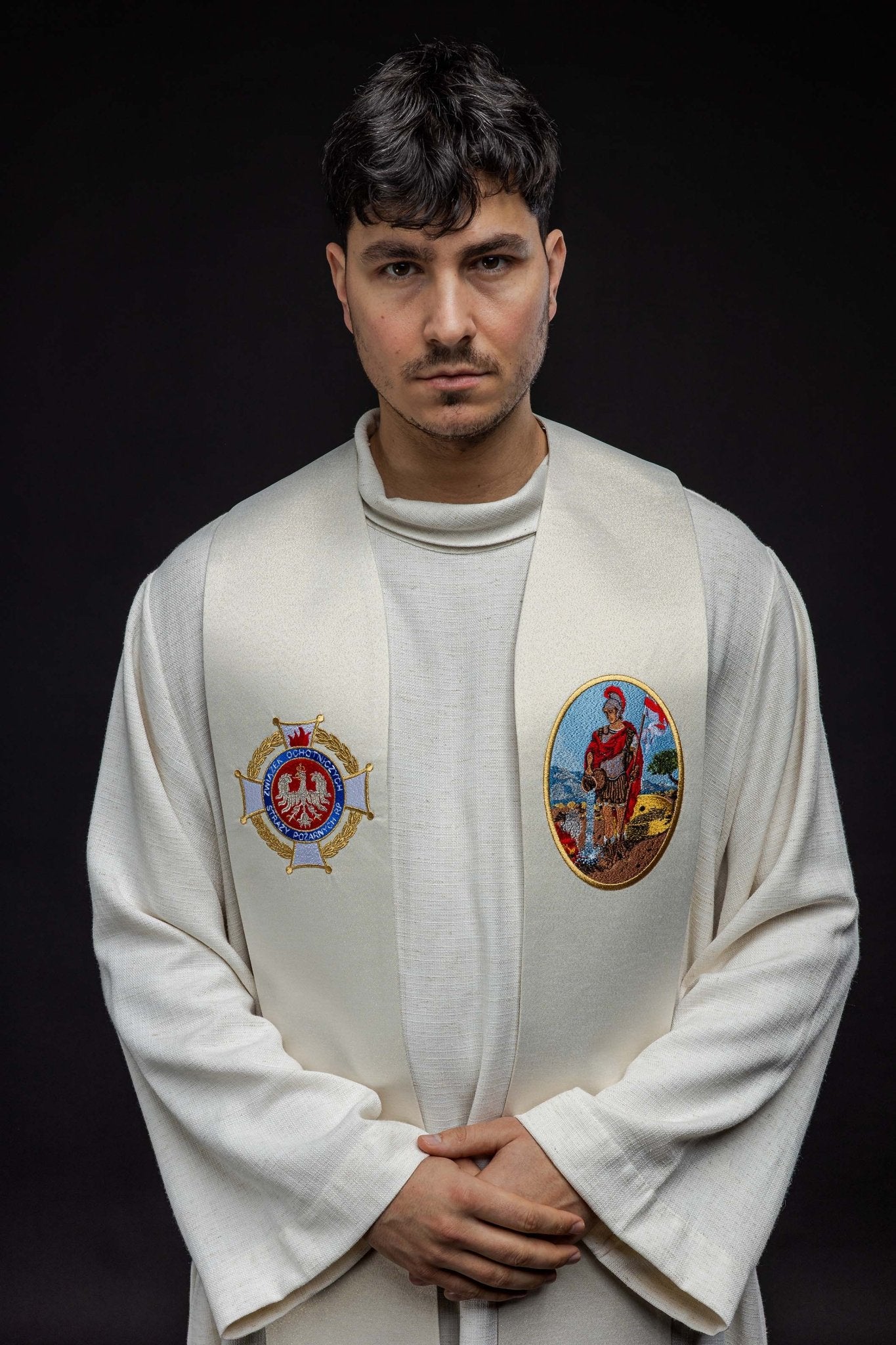 Stuła haftowana z wizerunkiem Świętego Floriana