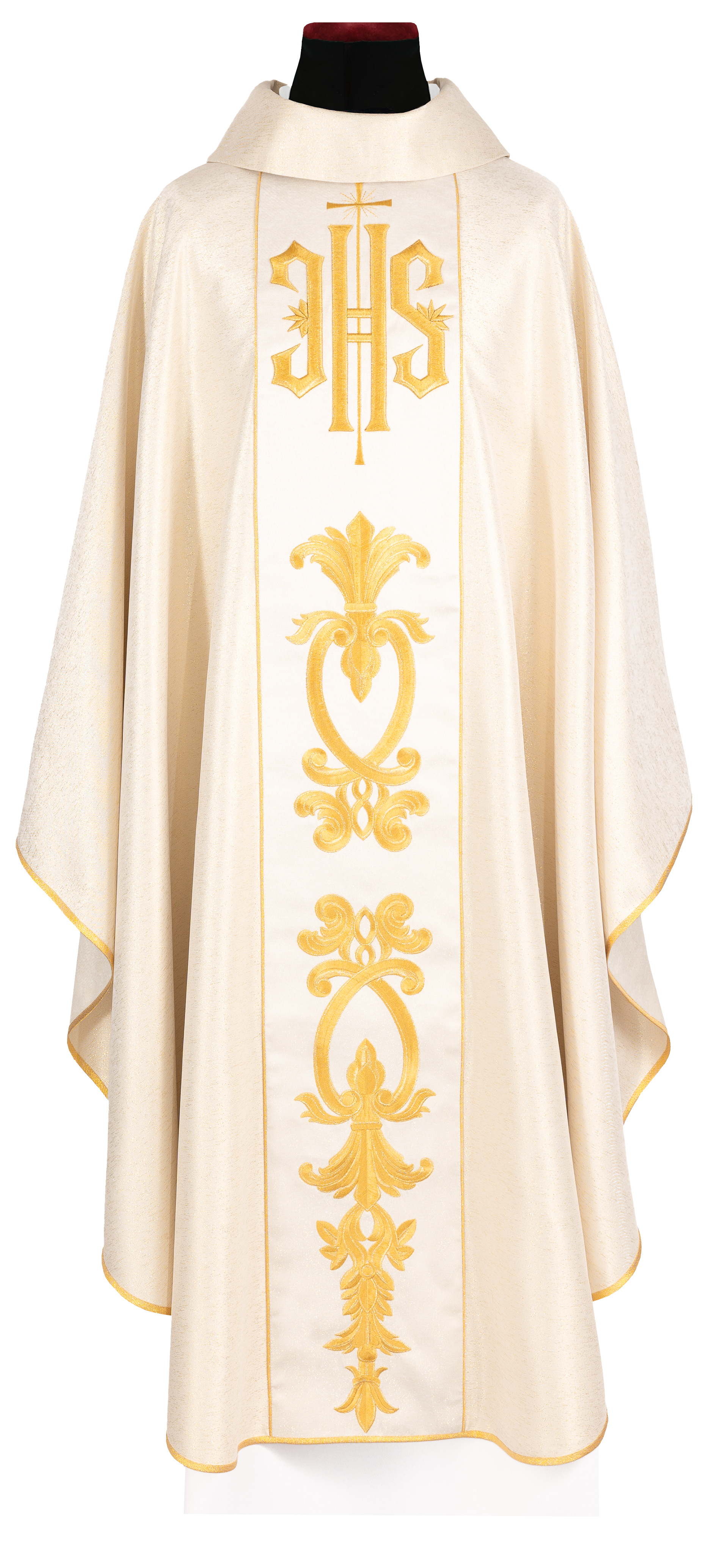 Bogato zdobiony złoty ornat z złotym motywem i szerokim pasem IHS - ORNATY.PL