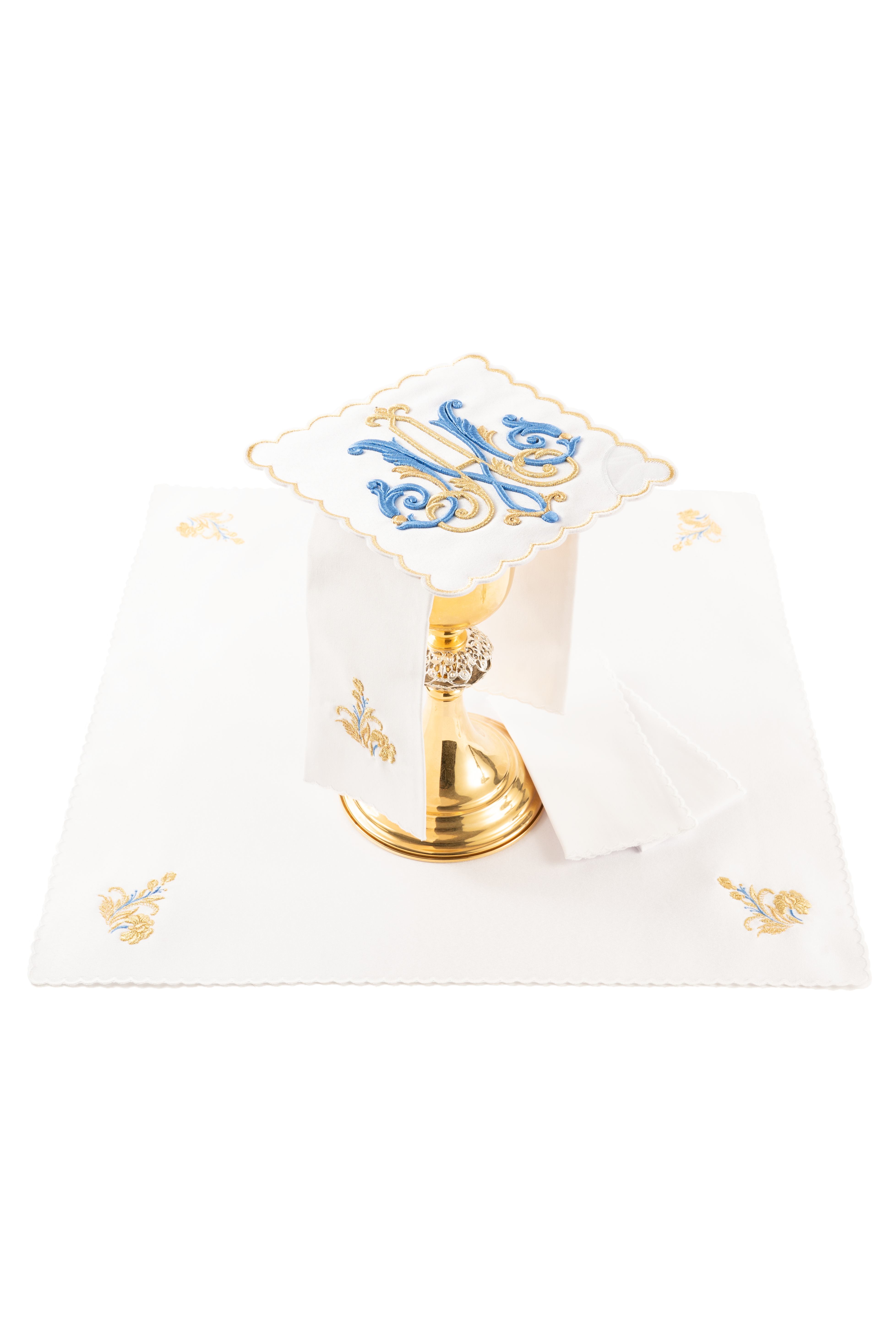 Liturgiczny komplet kielichowy z haftowanym motywem Maryjnym