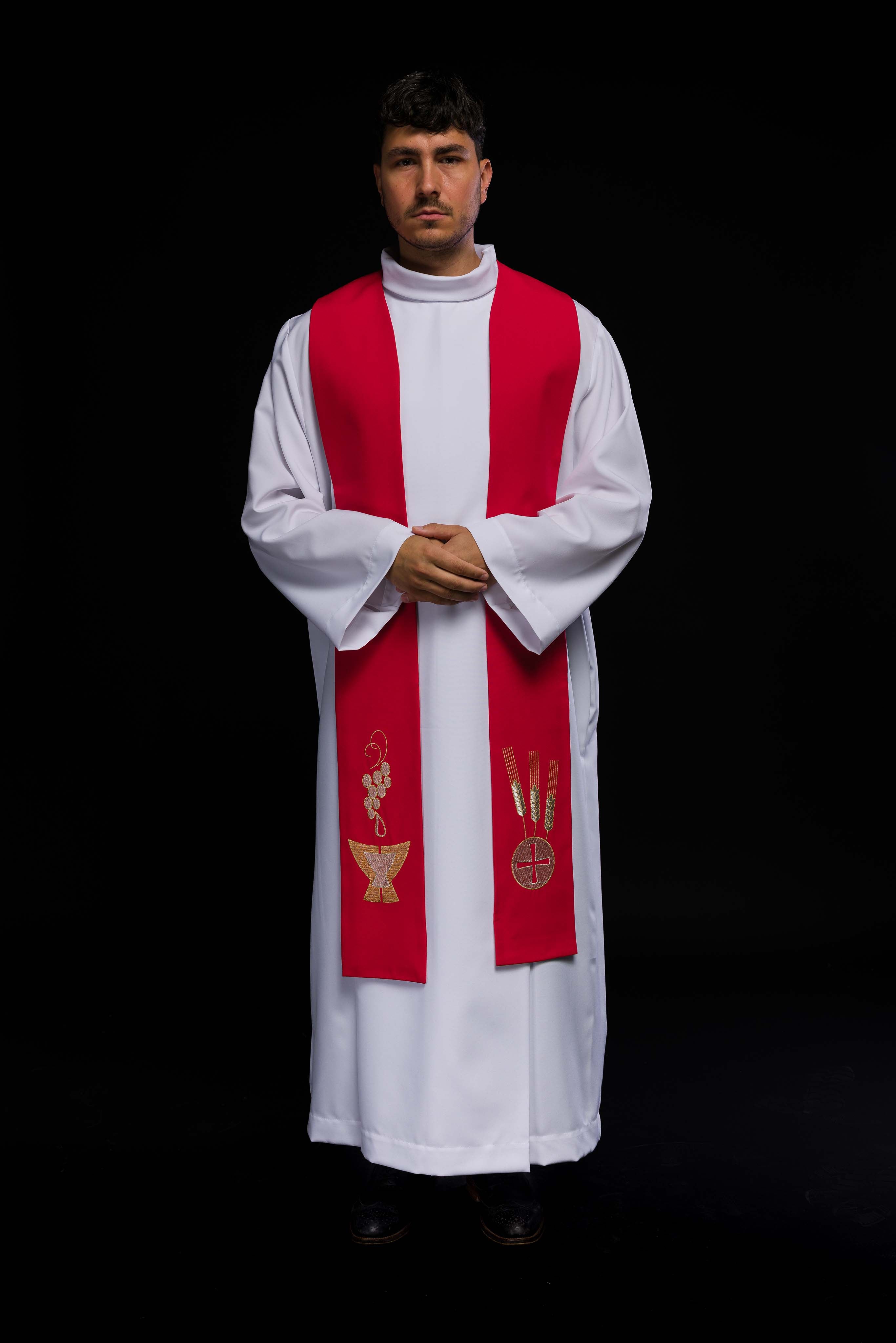 Czerwona stuła kapłańska haftowana Kielich, Kłosy i Winogrona - ORNATY.PL