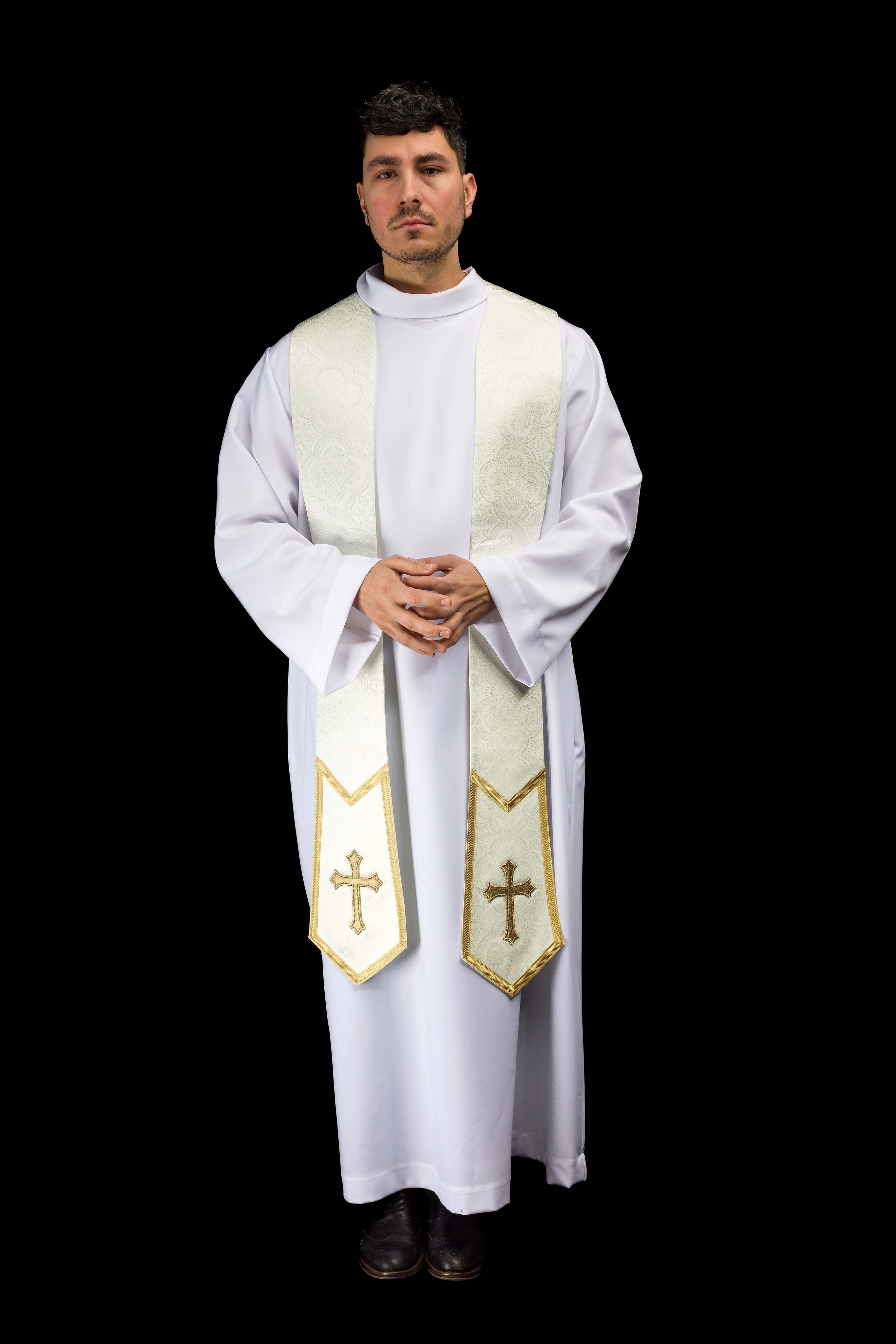 Stuła haftowana z motywem Krzyża ecru tkanina żakardowa - ORNATY.PL