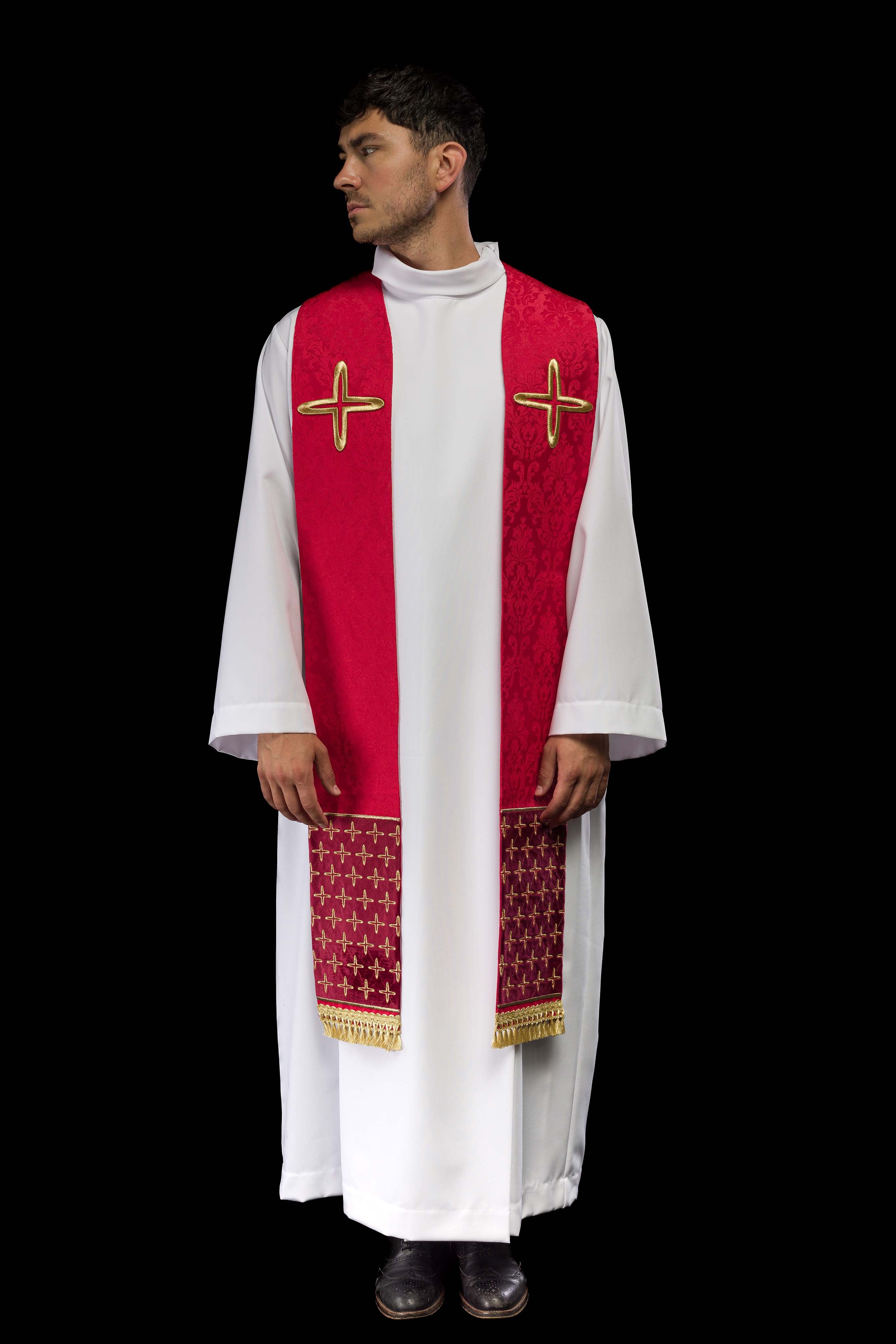 Stuła haftowana żakardowa z motywami krzyży czerwona - ORNATY.PL