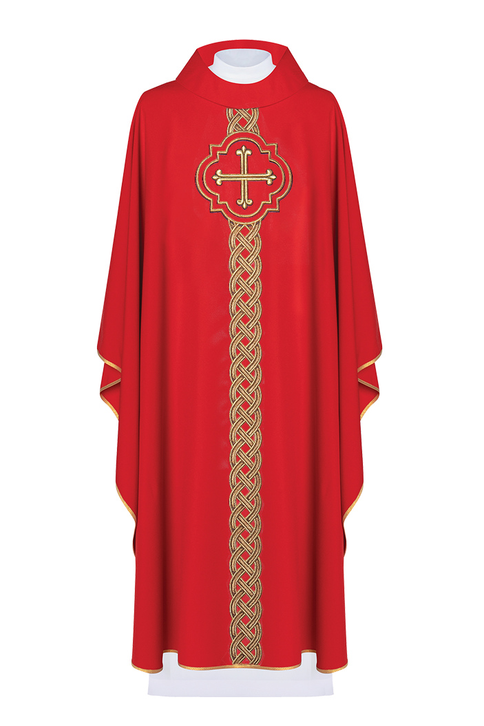 Liturgijsko ruho s izvezenim crvenim križem i ukrasnim uzorkom