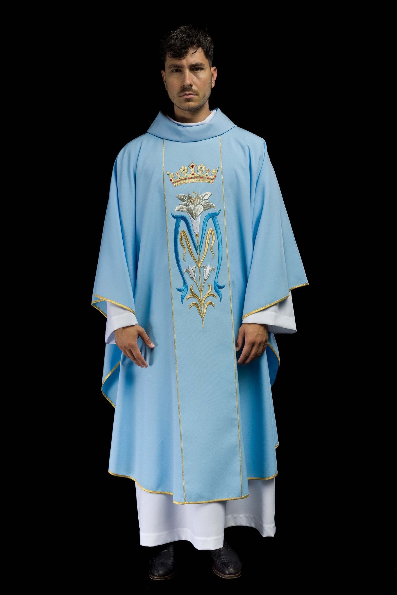 Ornat liturgiczny Maryjny haftowany z koroną Niebieski