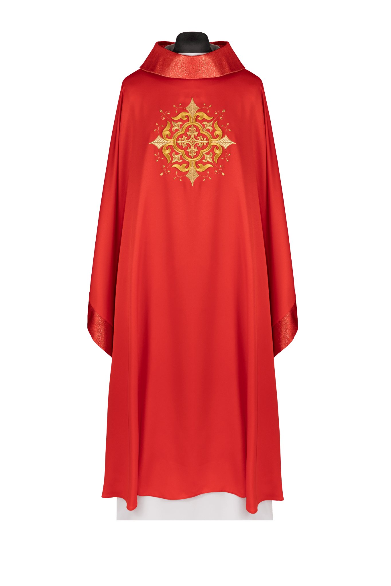 Ornat liturgiczny z haftowanym motywem krzyża i bogatym wykończeniem czerwony