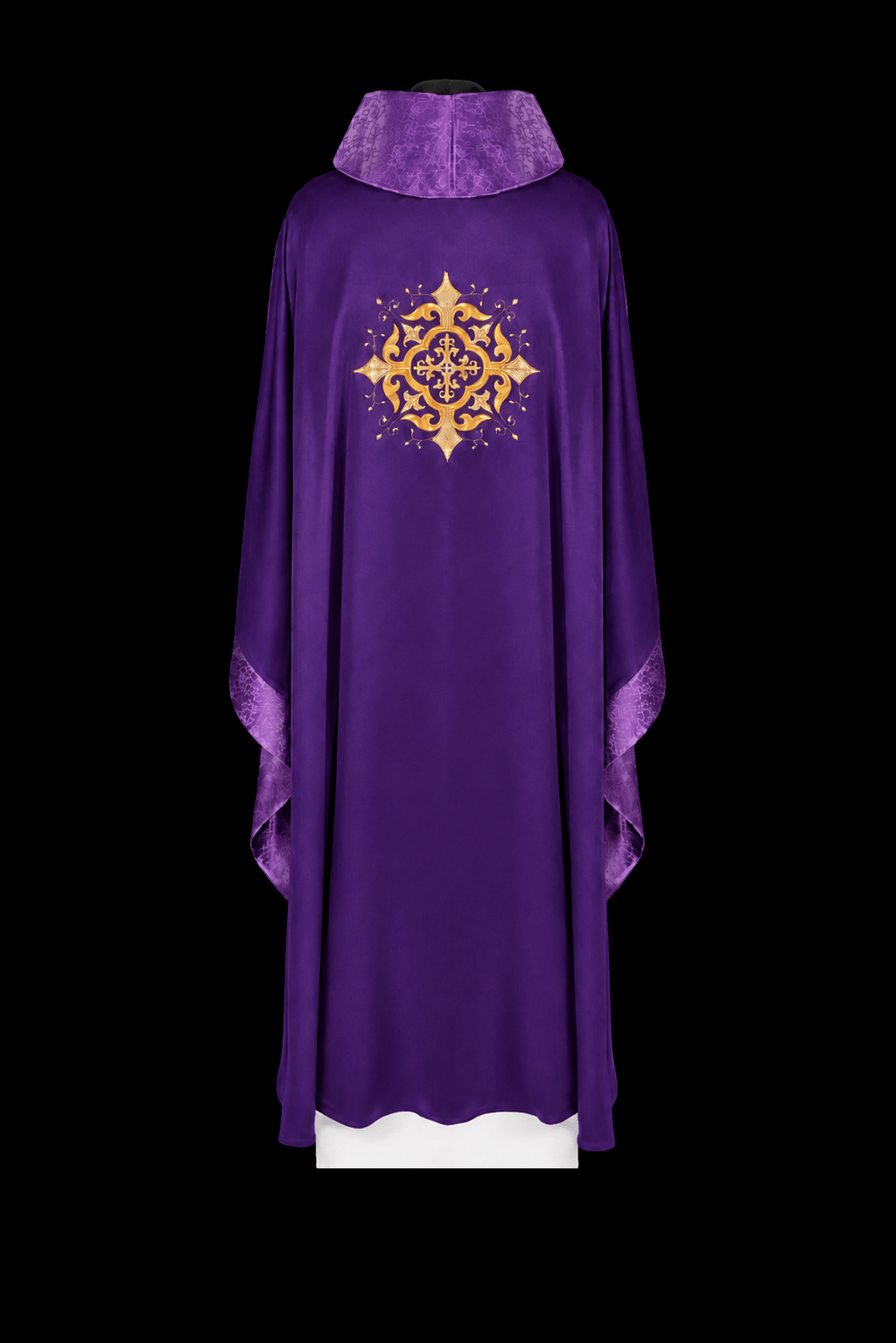 Ornat liturgiczny z haftowanym motywem krzyża i bogatym wykończeniem fioletowy