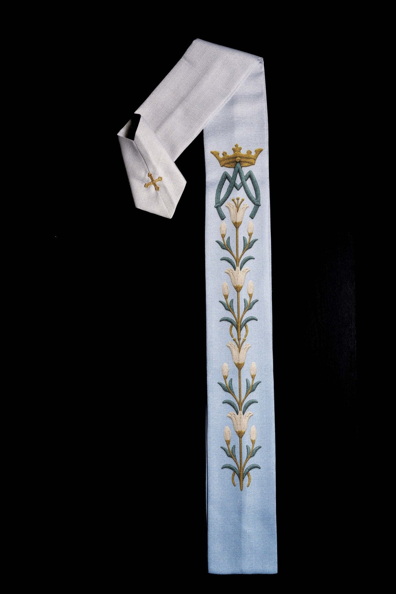 Ornat Maryjny drukowany ze wzorem lilii i monogramem niebiesko - ecru