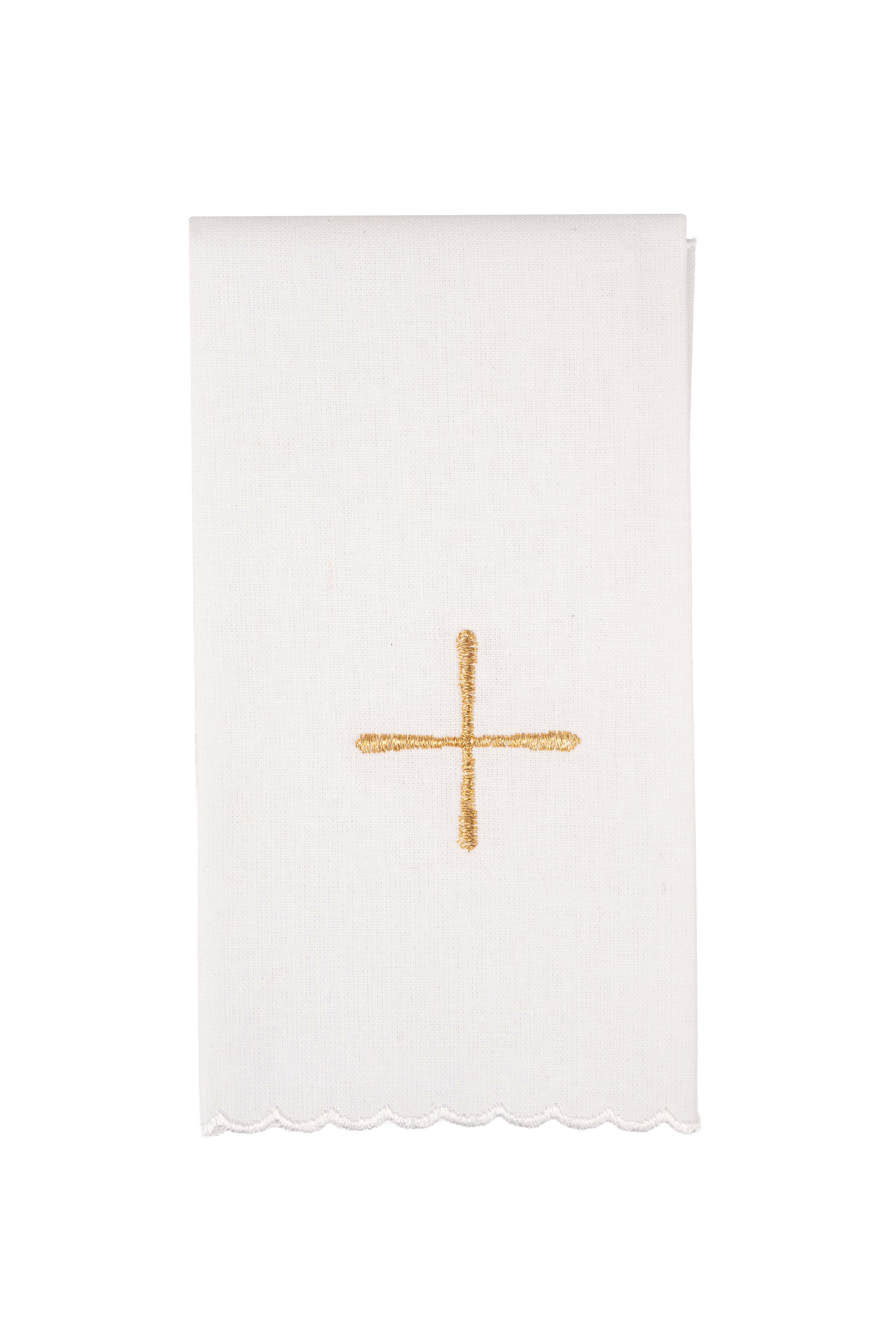 Biały puryfikaterz z haftem złotego krzyża i falowanym wykończeniem brzegów, element zielonego kompletu kielichowego