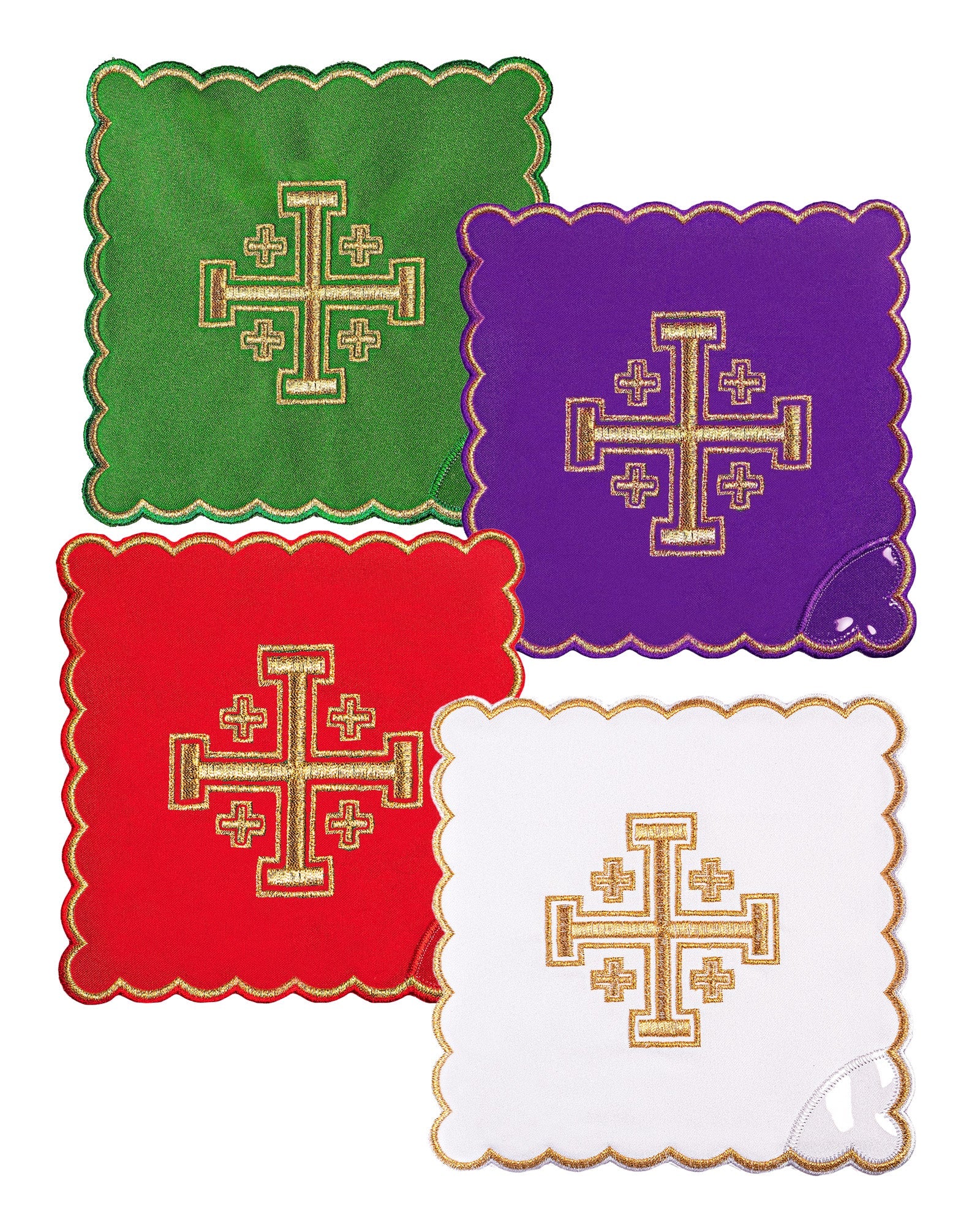 Zestaw palek z haftem krzyża jerozolimskiego w czterech kolorach liturgicznych